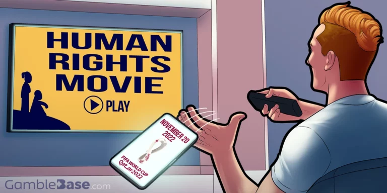 Mann wirft Handy weg, auf dessen Screen der FIFA World Cup Katar 2022 beworben wird. Vor ihm ist ein Bildschirm, auf dem der Filmtitel "Human Rights Movie" zu sehen ist.