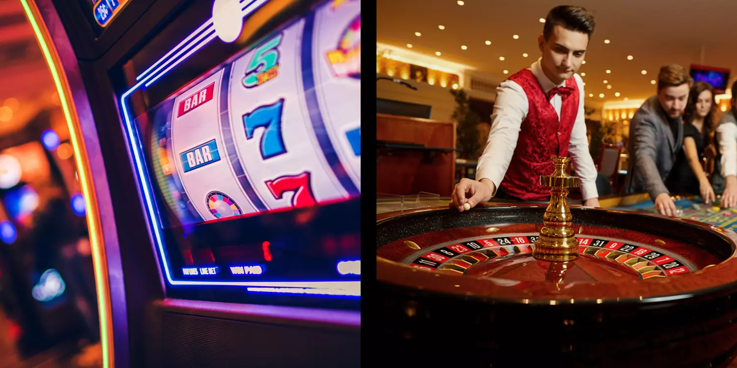 Zweigeteiltes Bild. Links: Nahaufnahme eines Spielautomaten. Rechts: Croupier am Roulette-Kessel