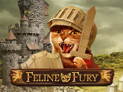 Eine kriegslustige Katze mit Schwert, Helm und Schild über dem Feline Fury Schriftzug.