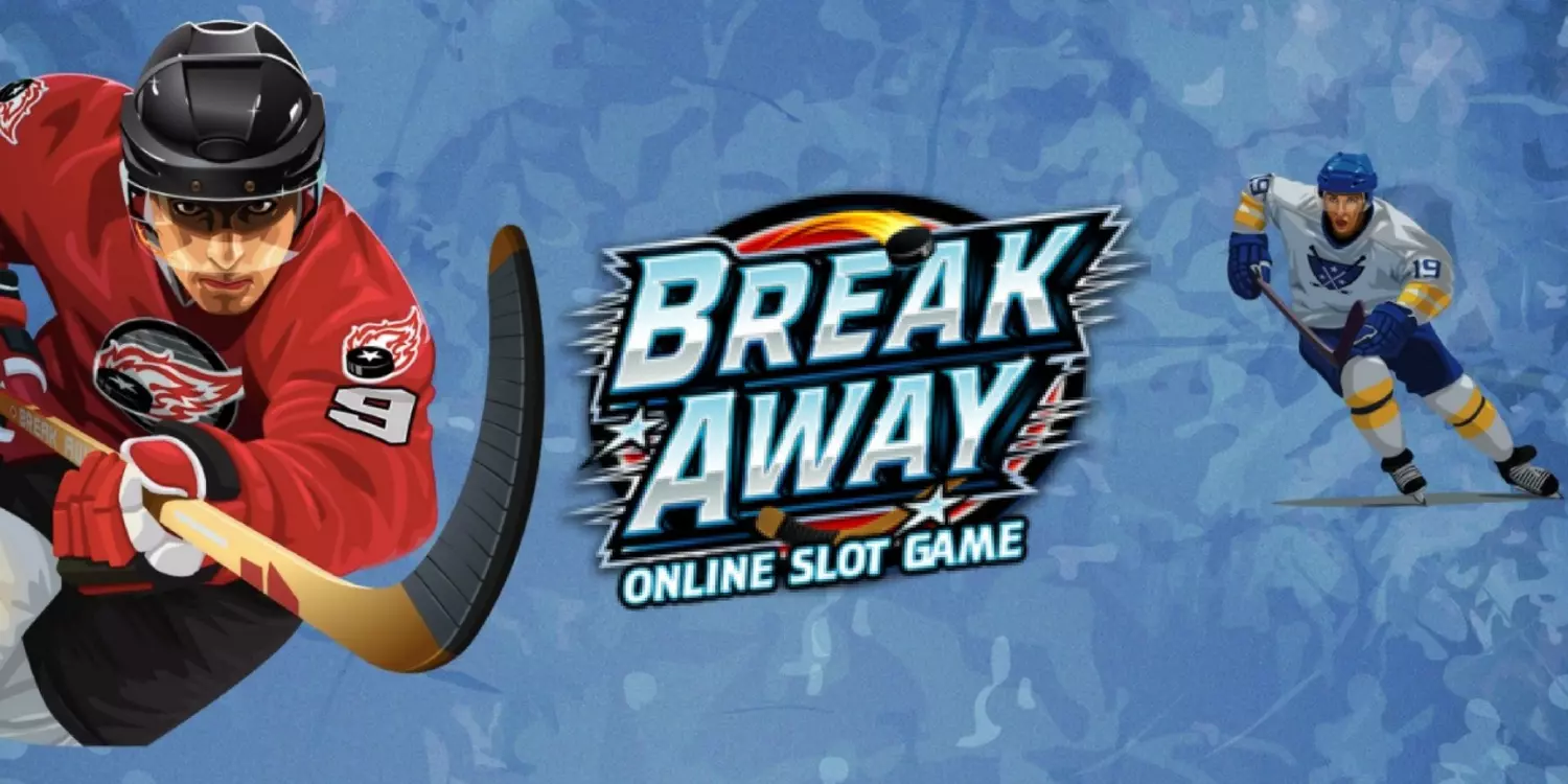 Der Break Away Schriftzug in der Mitte zweier Eishockey-Spieler