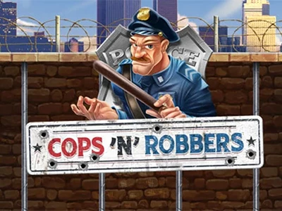 Polizist vor Gefängnis-Mauer mit Schlagstock und Schriftzug "Cops n Robbers"