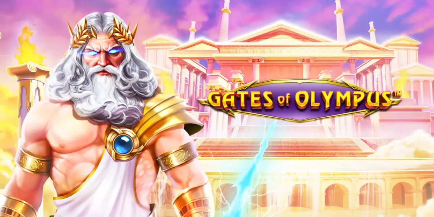 Zeus bewacht wütend den Olymp neben dem Gates of Olympus Schriftzug.