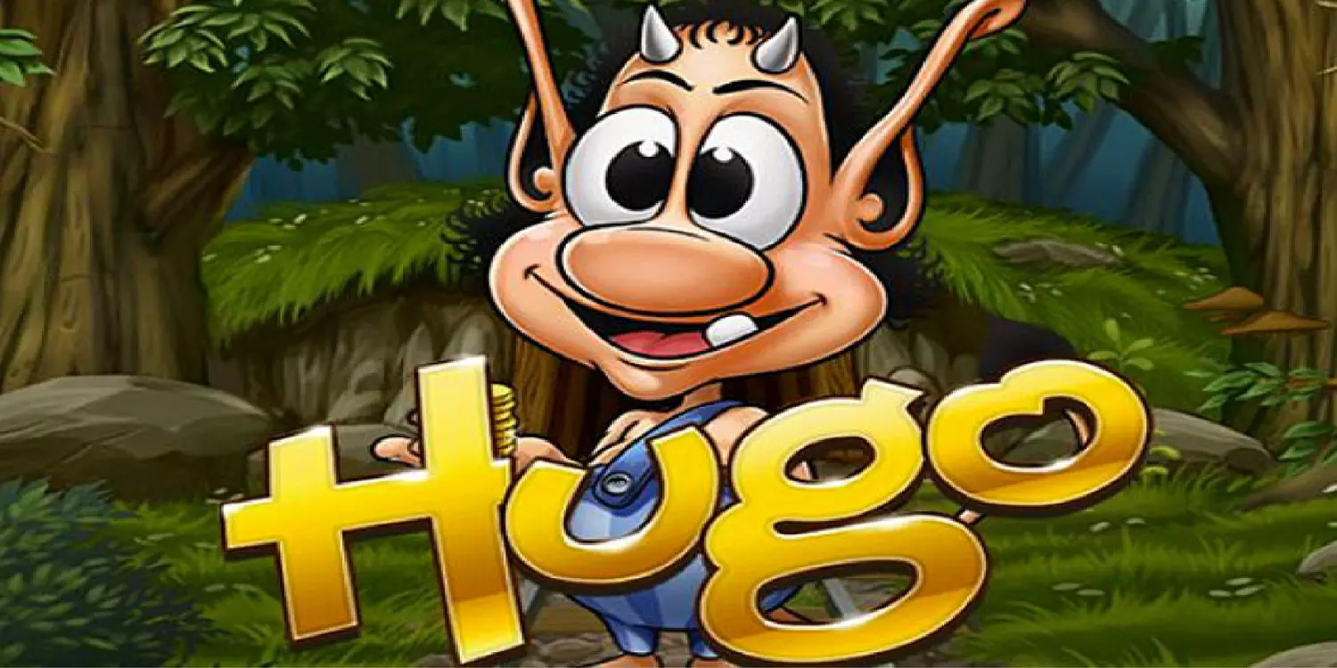 Die Hauptfigur Hugo hinter dem Hugo Schriftzug.