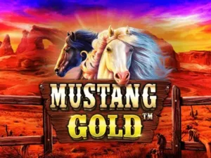 Das weiße und das schwarze Pferd hinter dem Mustang Gold Schriftzug.