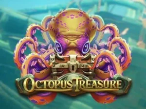 Krake mit Schatzkiste und Schriftzug "Octopus Treasure"