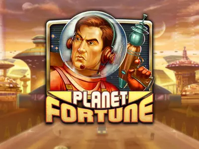 Ein Mann mit futuristischer Waffe hinter dem Planet Fortune Schriftzug.
