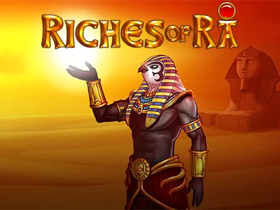 Sonnengott Ra vor Sphinx mit Schriftzug "Riches of Ra"