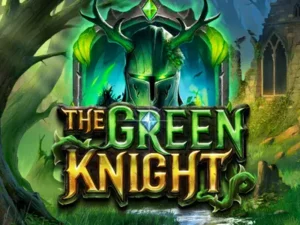 Die Augen des Kriegers leuchten grün hinter dem The Green Knight Schriftzug