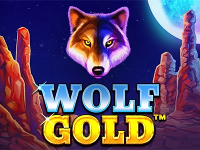 Wolfskopf in nächtlicher Steppe mit Schriftzug "Wolf Gold"