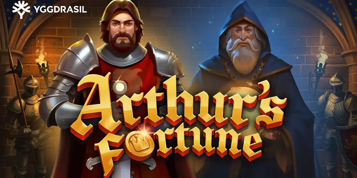 Schriftzug "Arthur's Fortune" mit Magier und Ritter im Hintergrund