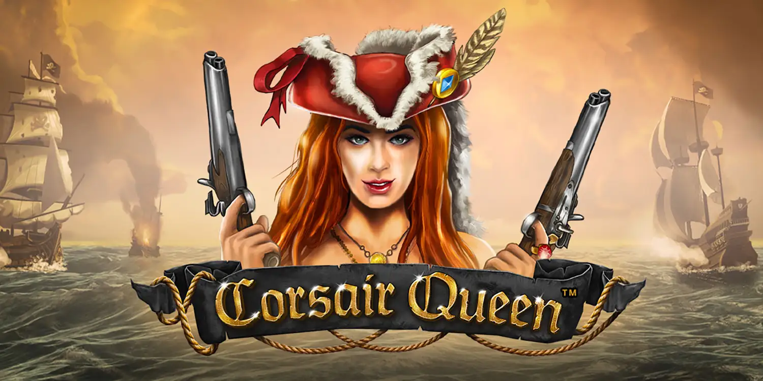 Corsair Queen hält 2 Pistolen in die Luft vor mehreren Piratenschiffen im Hintergrund