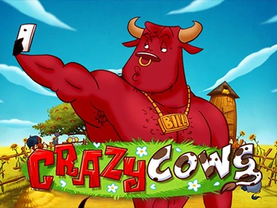 Bulle vor Farm beim Aufnehmen eines Selfies und Schriftzug "Crazy Cows"