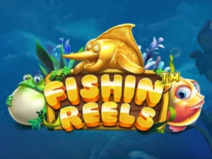 Schriftzug "Fishin Reels" umgeben von Frosch, Schwertfisch und rosa Fisch