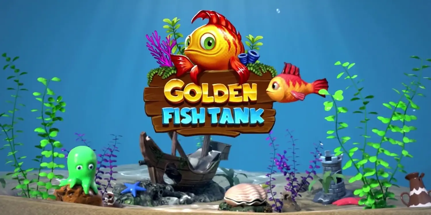Unterwasserkulisse mit Fischen und Oktopus und Schriftzug "Golden Fish Tank"