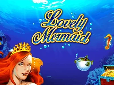 Meerjungfrau unter Wasser mit Seepferdchen und Kugelfisch und Schriftzug "Lovely Mermaid"