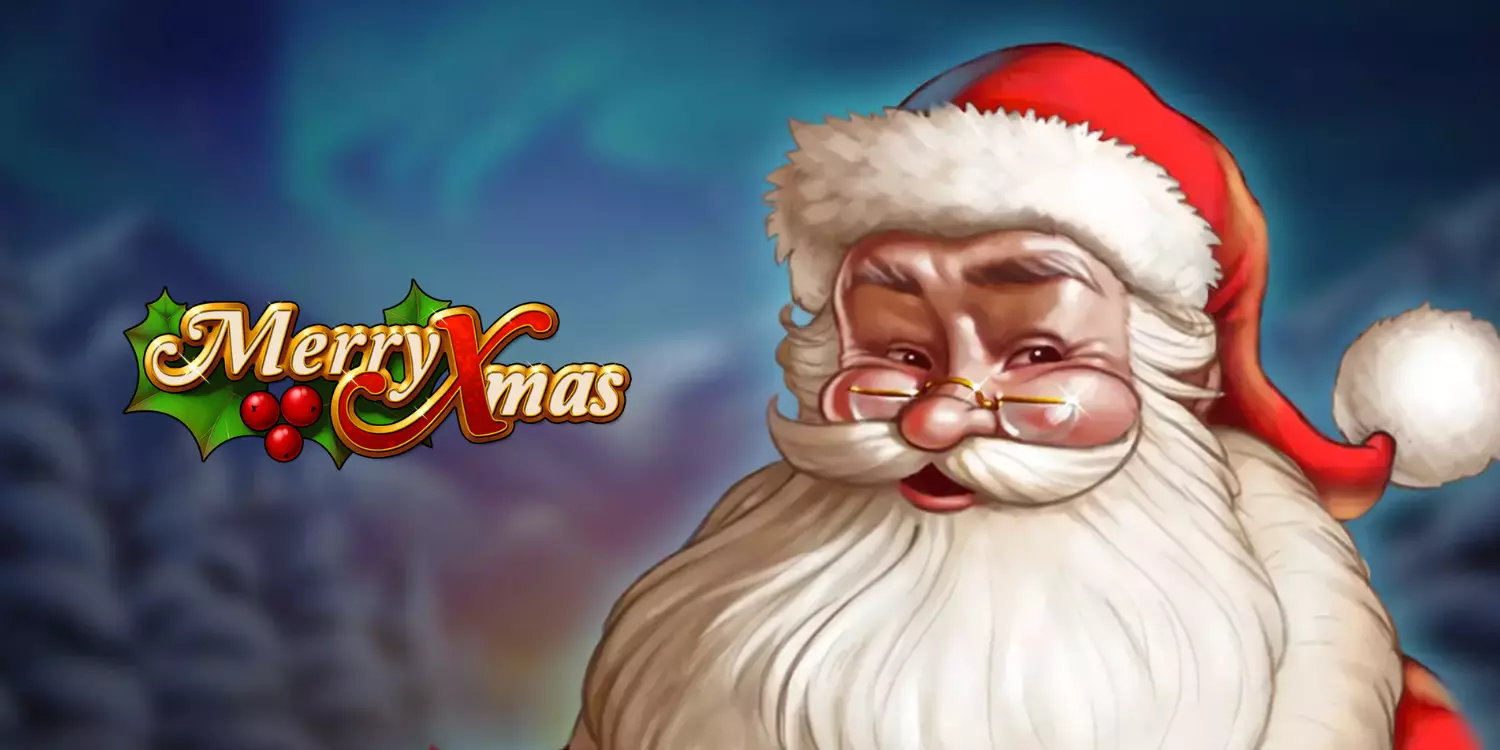 Der Weihnachtsmann grinst neben dem Merry XMas Schriftzug. 