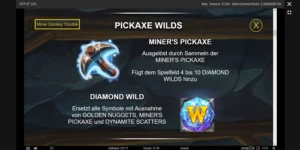 Erklärung dazu, dass der Miner's Pickaxe Modus dem Spielfeld 4-10 Diamanten-Wilds hinzufügt