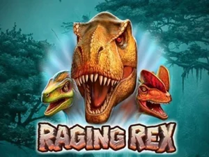 Köpfe von 3 wütenden Dinosaurier vor Dschungel mit Schriftzug "Raging Rex"