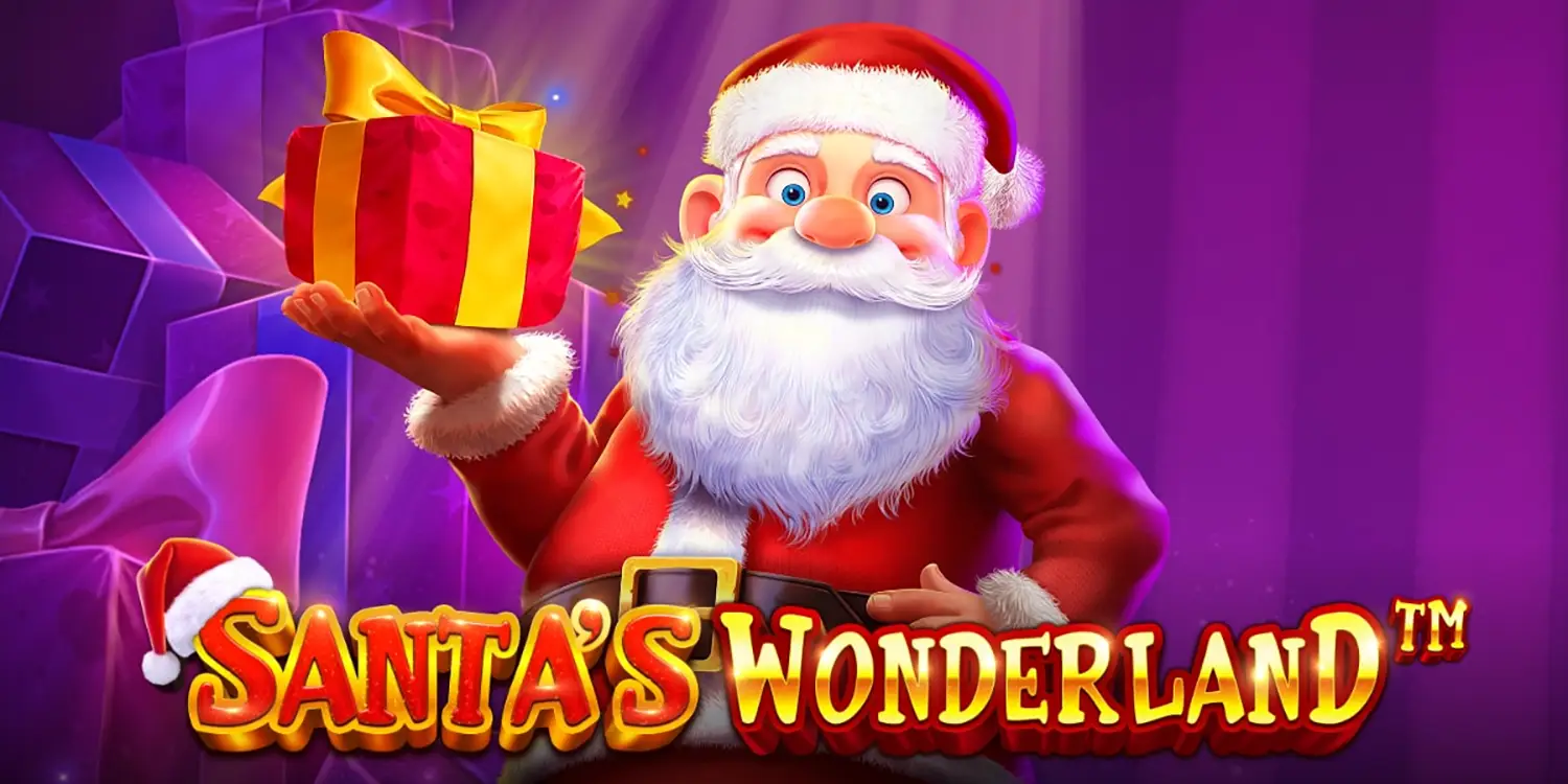 Der Weihnachtsmann hinter dem Santas Wonderland Schriftzug