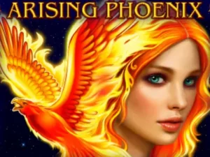 Ein brennender Phönix neben einer Frau unter dem Arising Phoenix Schriftzug.