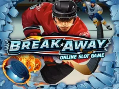 Ein Eishockeyspieler hinter dem Break Away Schriftzug.