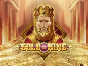 Der König hinter dem Gold King Schriftzug umgeben von einem Goldschatz