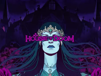 Der House of Doom Schriftzug mit einer dunklen Gestalt im Hintergrund