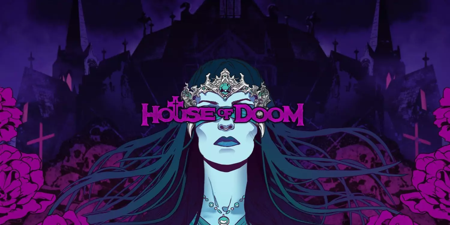 Der House of Doom Schriftzug mit einer dunklen Gestalt im Hintergrund. 