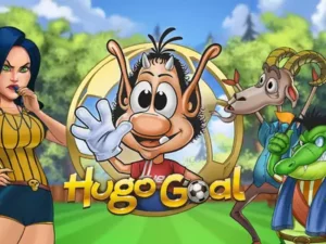 Hugo und die restlichen Figuren des Slots über dem Hugo Goal Schriftzug