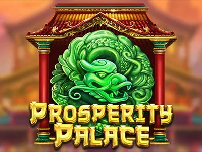 Grüner Drache vor japanischem Tempel mit Schriftzug "Prosperity Palace"