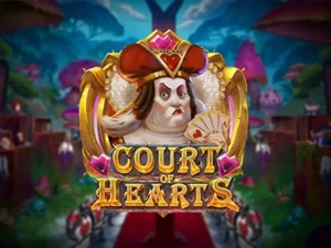 Die strenge Herz-Königin vor Wunderland mit Schriftzug "Court of Hearts"