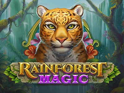Leopard vor Dschungel mit Schriftzug "Rainforest Magic"