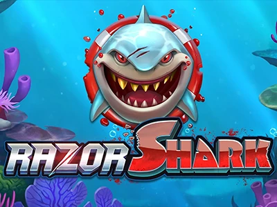 Aggressiver Hai und Schriftzug "Razor Shark" in Unterwasserkulisse