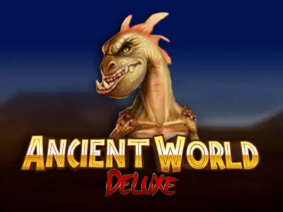 Ein gefährlicher Dinosaurier hinter dem Ancient World deluxe Schriftzug
