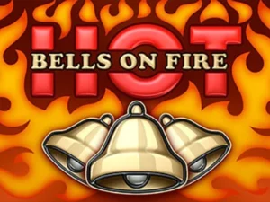 Schriftzug "Bells on Fire Hot" und 3 goldene Glocken vor feurigem Hintergrund