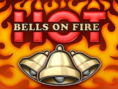 Schriftzug "Bells on Fire Hot" und 3 goldene Glocken vor feurigem Hintergrund