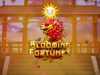 Blooming Fortunes Schriftzug unter einem chinesischen Drachen