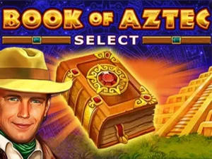 Abenteuer, goldenes Buch und Schriftzug "Book of Aztec Select" neben Pyramide
