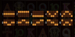 Eine Grafik zeigt, wie die 10 Gewinnlinien über dem Book of Secrets 6 Spielfeld verlaufen.