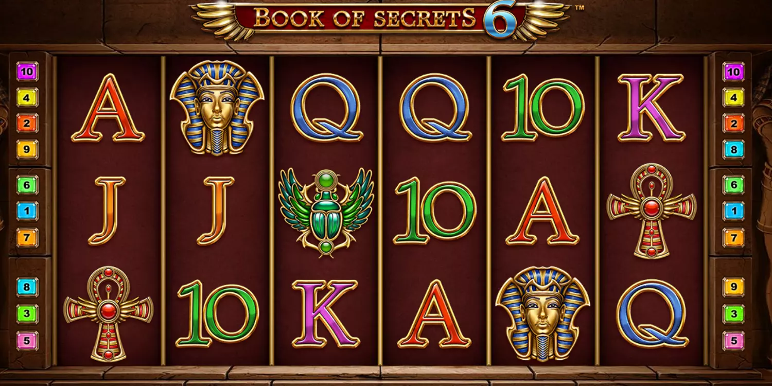 Das Book of Secrets 6 Spielfeld vor dem ersten Spin.