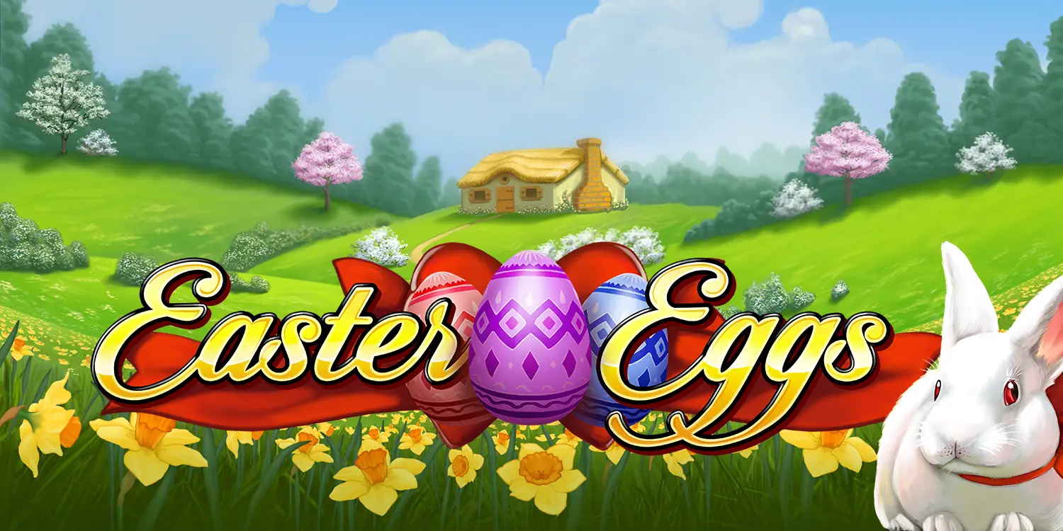 Hase auf Blumenwiese mit Schriftzug "Easter Eggs"