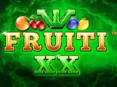 Fruiti XX Schriftzug auf grünem Hintergrund mit Früchten des Slots umgeben