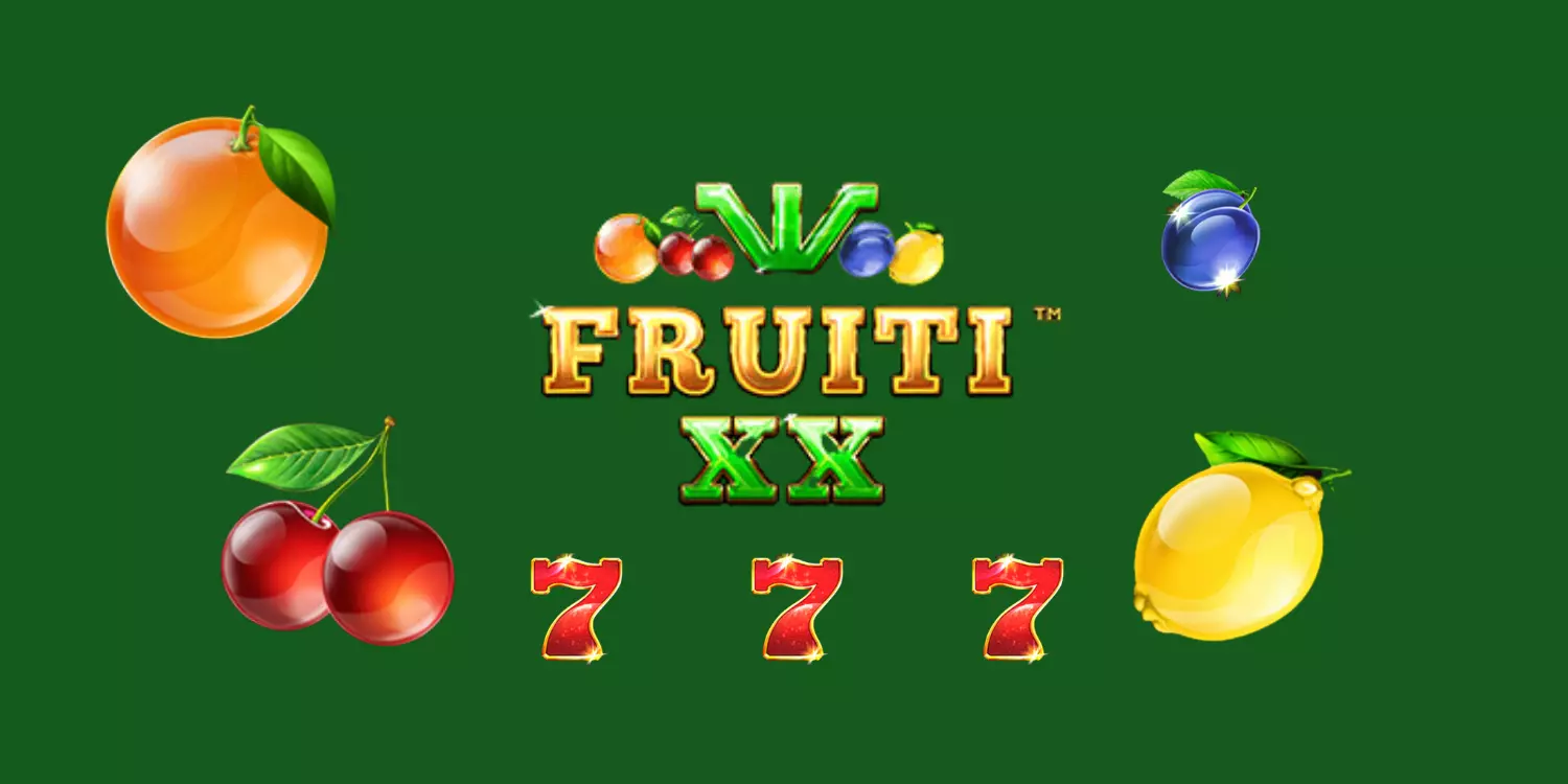 Der Fruiti XX Schriftzug mit den Früchten des Slots umgeben.