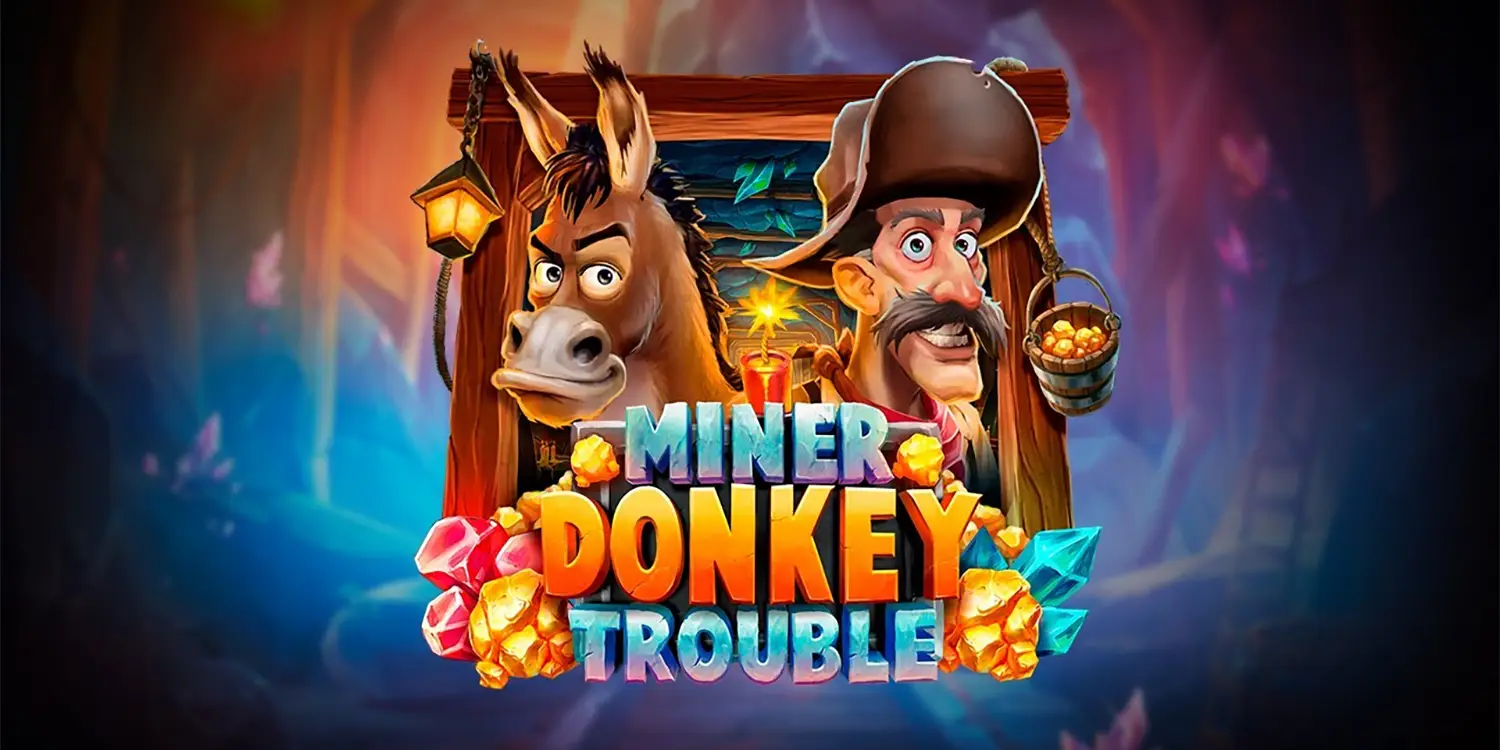 Esel und Minen-Arbeiter vor Schachteingang mit Schriftzug "Miner Donkey Trouble"