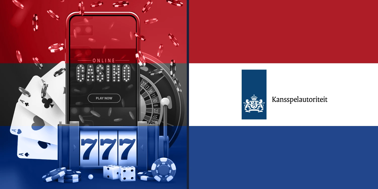 Smartphone mit Online-Casino auf dem Screen neben Roulette-Rad, Slot, Chips und Karten, daneben das Logo der Kansspelautoriteit und im Hintergrund die niederländische Flagge
