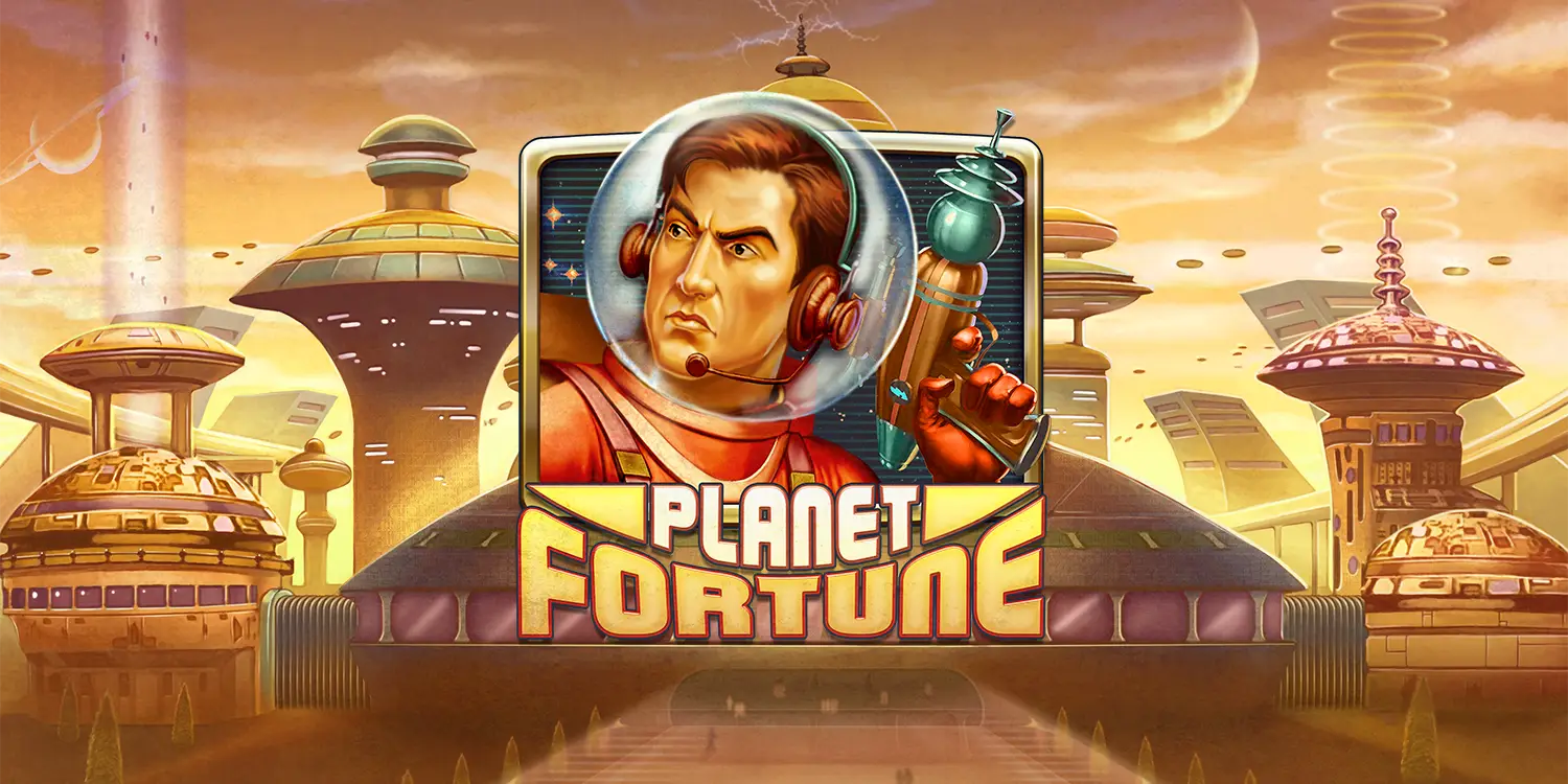 Futuristische Stadt mit Superheld und Schriftzug "Planet Fortune"