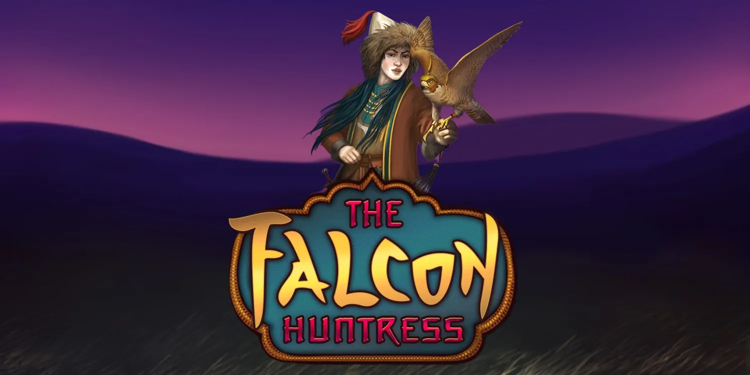 Jaegerin mit Adler auf der Hand hinter Schriftzug "The Falcon Huntress"