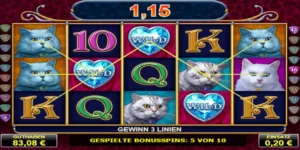 Wild-Symbole mit K-Symbolen führen im Freispiel zum Gewinn bei Diamond Cats