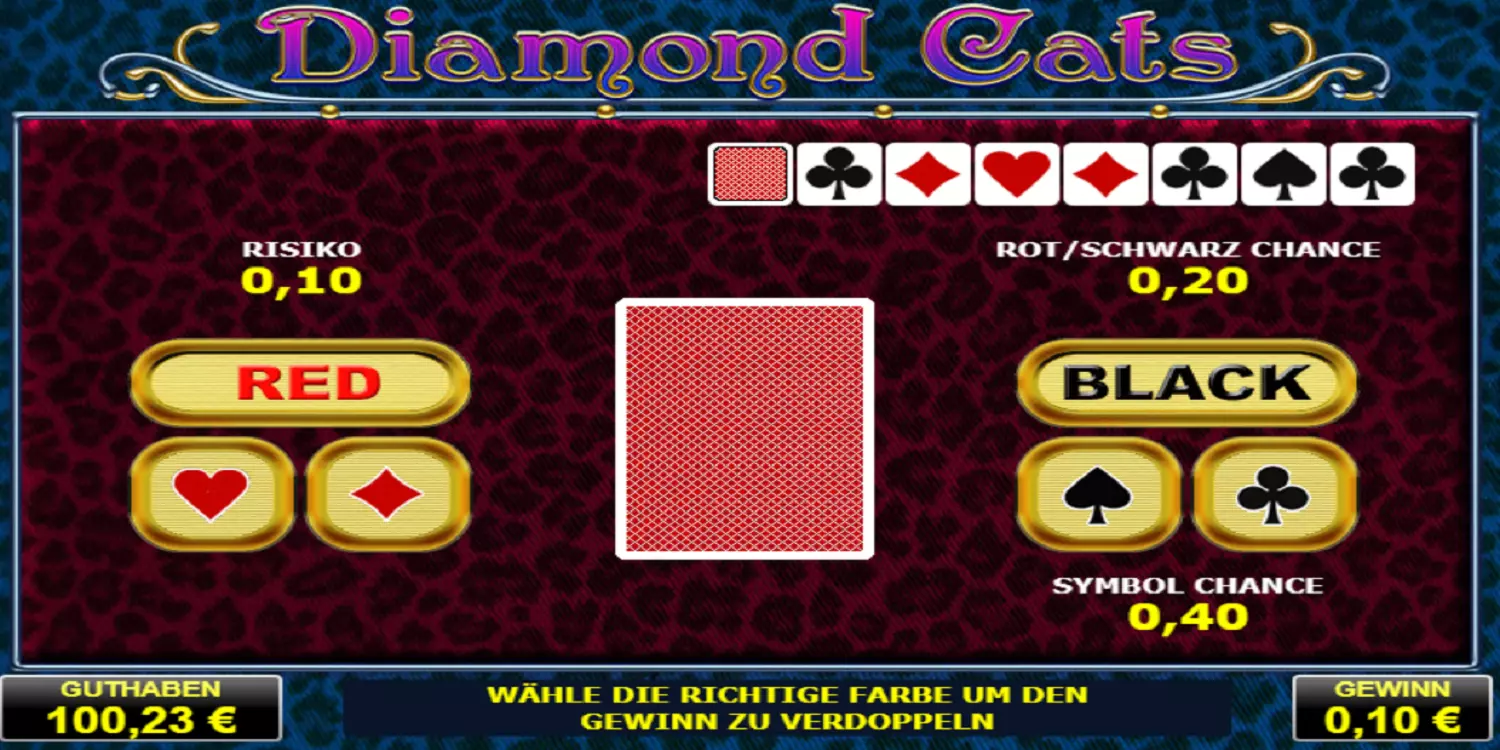 Bei der Gamble-Funktion von Diamond Cats muss die Farbe der nächsten Karte erraten werden um den Gewinn zu verdoppeln. 
