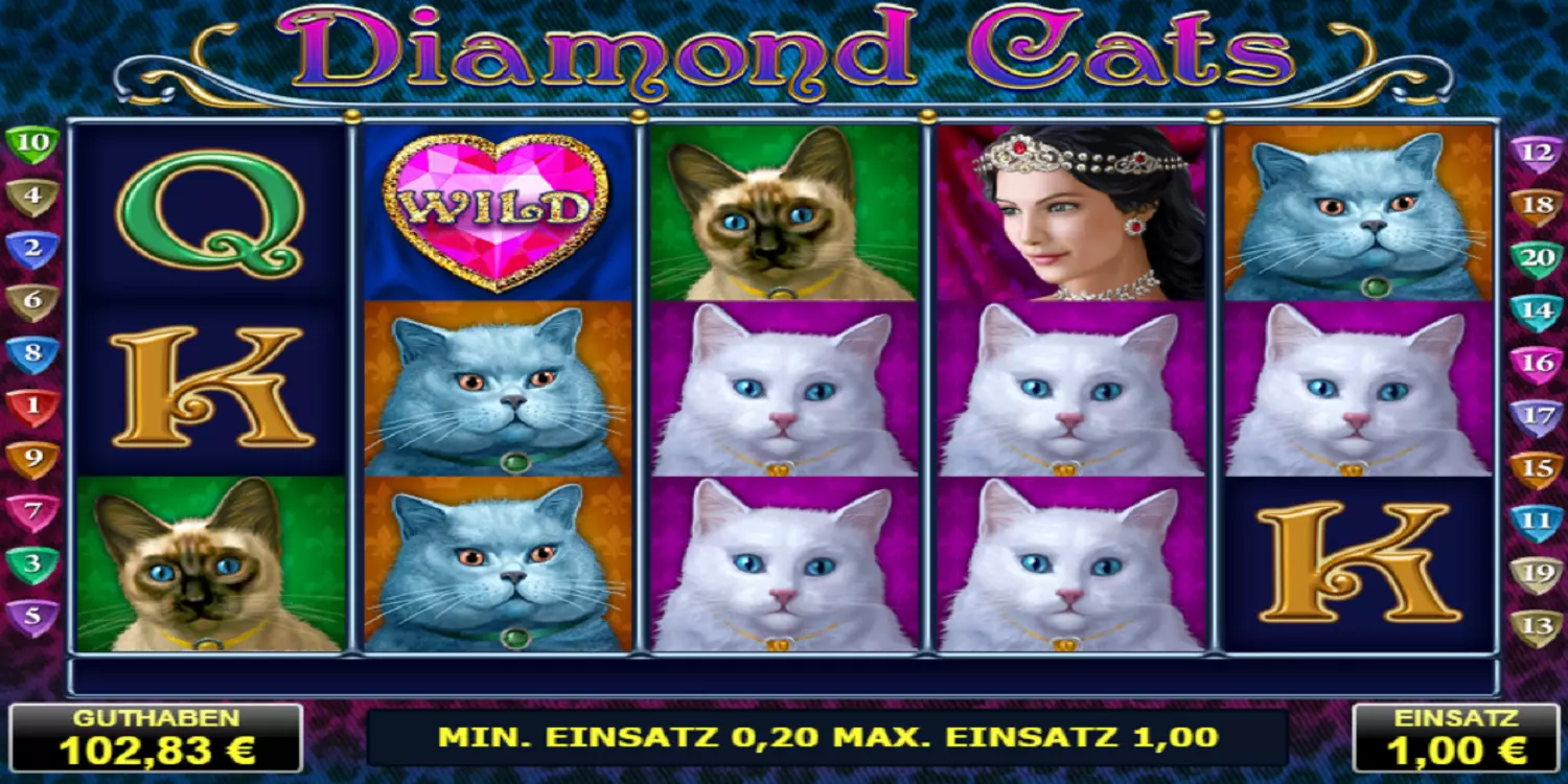 Das Diamond Cats Spielfeld vor dem ersten Spin.